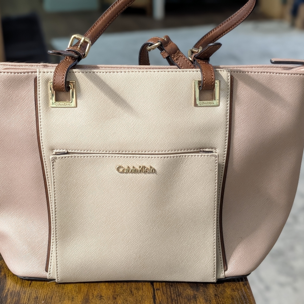 Calvin Klein Women's Cream and Brown Tote Bag
